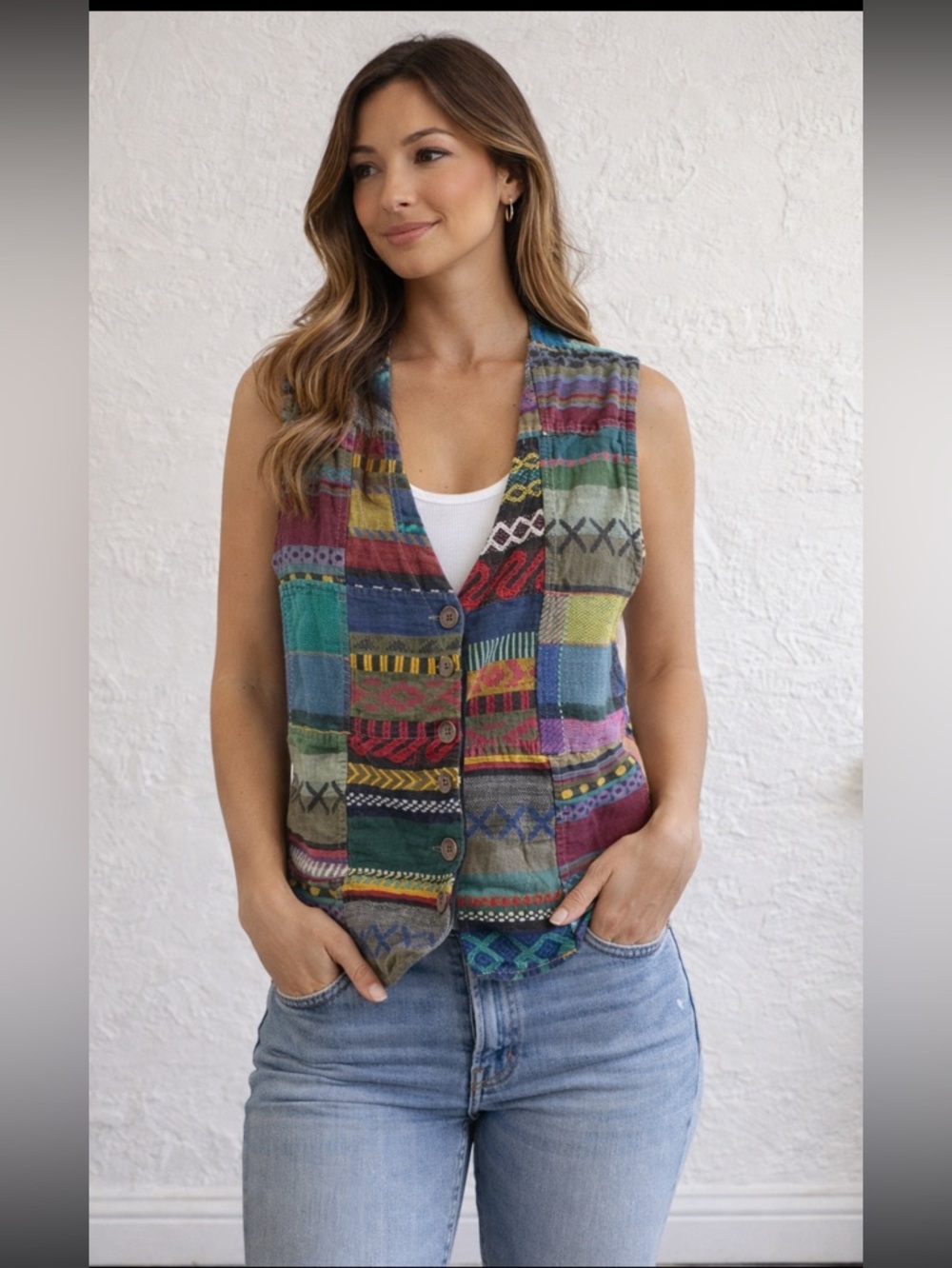 No Boundaries Boho Patchwork Vest‎ Multicolor Embroidered Button Front M